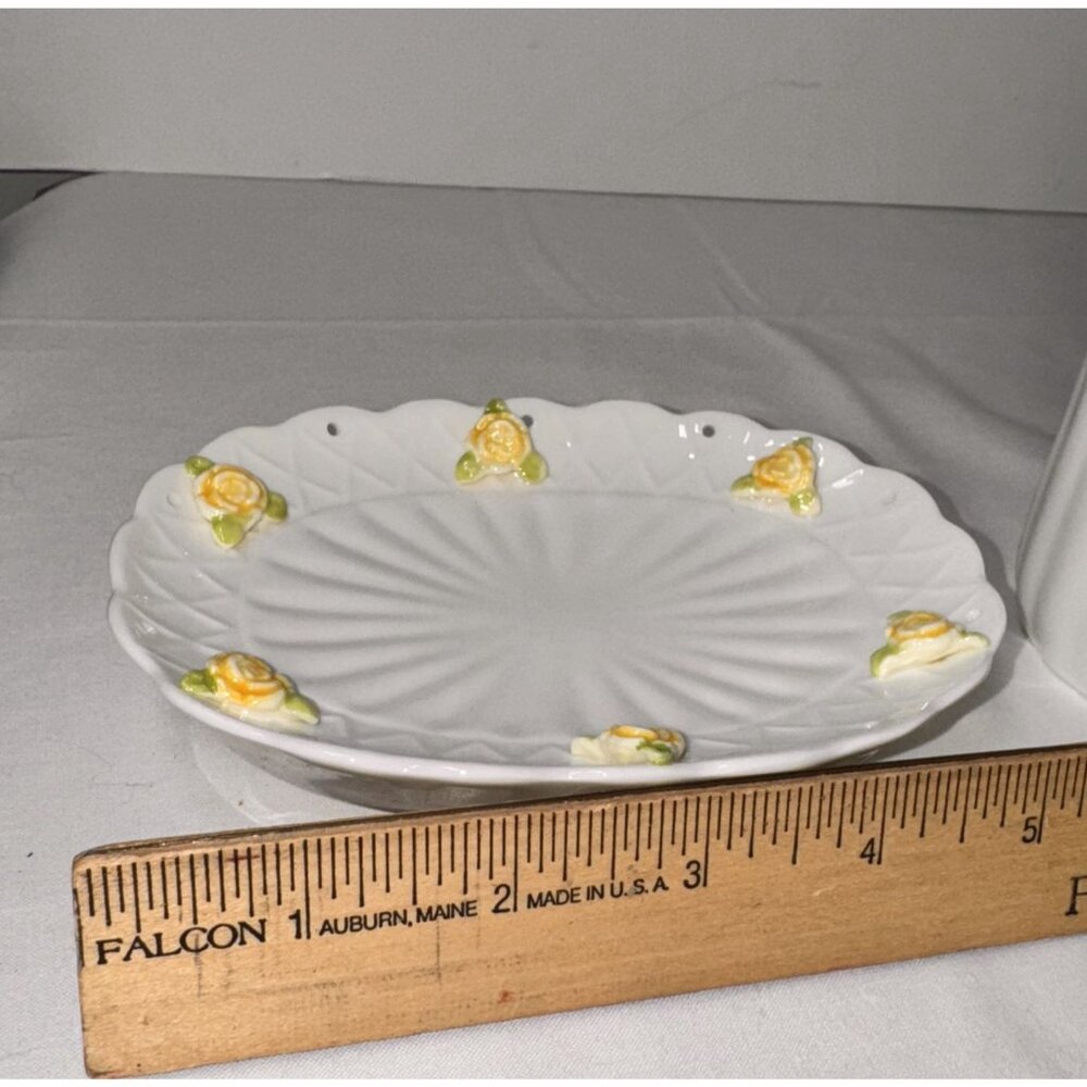 Jakson Japan Yellow Eyelet Rose Soap Dish & Tumbler Set Ceramic Floral Design - Picture 7 of 12